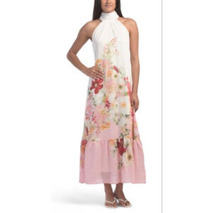 Women's TAYLOR Halter Floral Maxi Dress in White/Pink
